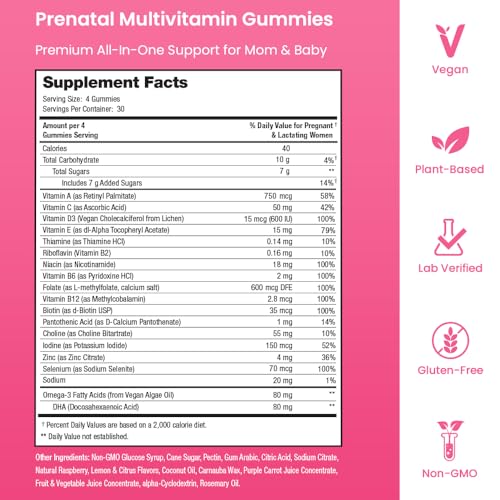 Prenatal Vitamin Gummies with DHA | Vegan Prenatal Vitamins for Women with Omega 3, Methylfolate, Choline & D3, Pregnancy Vitamins for Fetal Development | Gummy Multivitamin Supplement, 120 Count