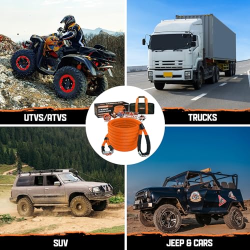 YUNPEAK Kinetic Recovery Rope (1in x 30ft - 48,500Lbs) Extreme Duty 35% Elasticity Energy Snatch Rope, Off Road Recovery Kit Kinetic Tow Rope for UTV, ATV, SUV,Trucks (Orange)