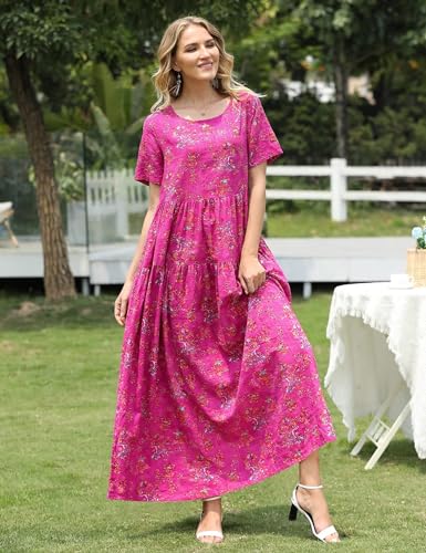 YESNO Women Casual Loose Bohemian Floral Dress with Pockets Short Sleeve Long Maxi Summer Beach Swing Dress S EJF CR425