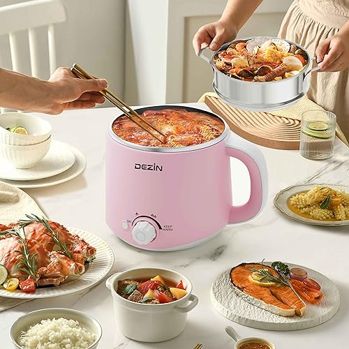 Dezin Electric Pot with Steamer, Stainless Steel Electric Cooker 1.6 Liter, Hot Pot Electric for Ramen, Egg, Dumpling, Soup, Oatmeal with Temperature Control and Keep Warm Function
