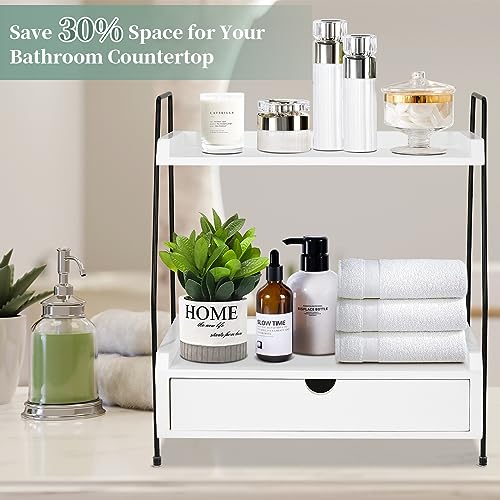 Y&ME YM 2-Tier Wood Bathroom Countertop Organizer with Drawer, 15.2"x7.5"x2.3"