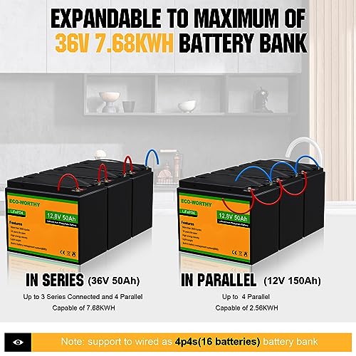 ECO-WORTHY 12V 50Ah 3 Pack LiFePO4 Lithium Battery (Pack in Series to 36V 50Ah), Built-in BMS, 3000+ Deep Cycle, Replacement of Lead-Acid Battery, Easy Installation, for Golf Cart, Trolling Motor