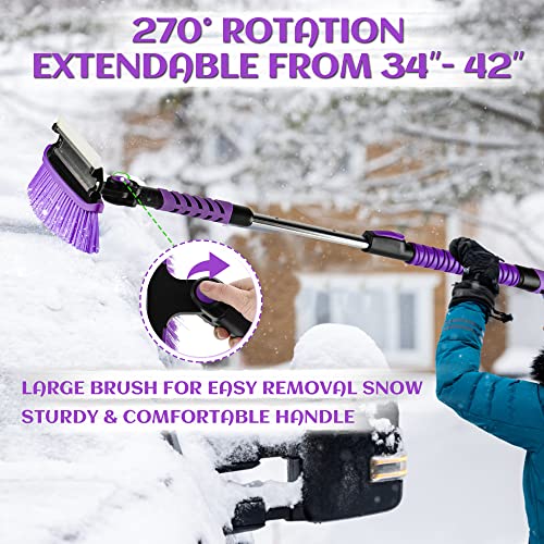HEQIEBXK Snow Brush Car Ice Scraper - Extendable 42” Windshield Snow Broom with Foam Grip No Scratch for SUV, Truck