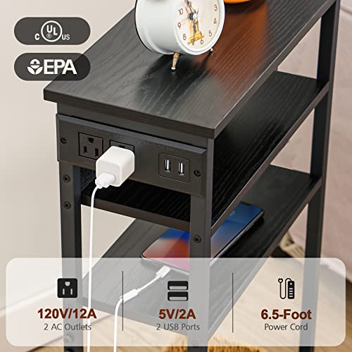 AMHANCIBLE Narrow Side Table with Charging Station, End Table for Small Spaces, Skinny Nightstand with Storage Shelf, Narrow End Table with USB Ports, Black HETN04BK