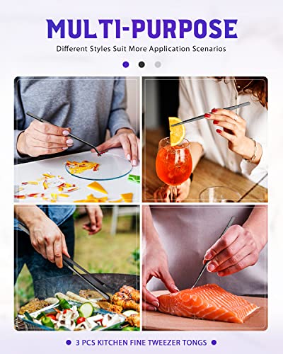 3 Pcs Kitchen Long Tweezers Tongs, 10 In Stainless Steel Fine Tweezers Set, Professional Food Tweezers Tongs for Cooking, Baking, Repairing, Pet Feeding, Art(BLACK)