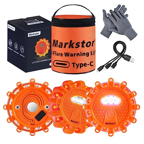 Markstor LED Road Flares 3 Pack Roadside Emergency Car Kit, Road Safety Flare Light USB Rechargeable (lithium battery),Safety Beacon Warning Light | 9 Flash Modes,With Magnet & Hook