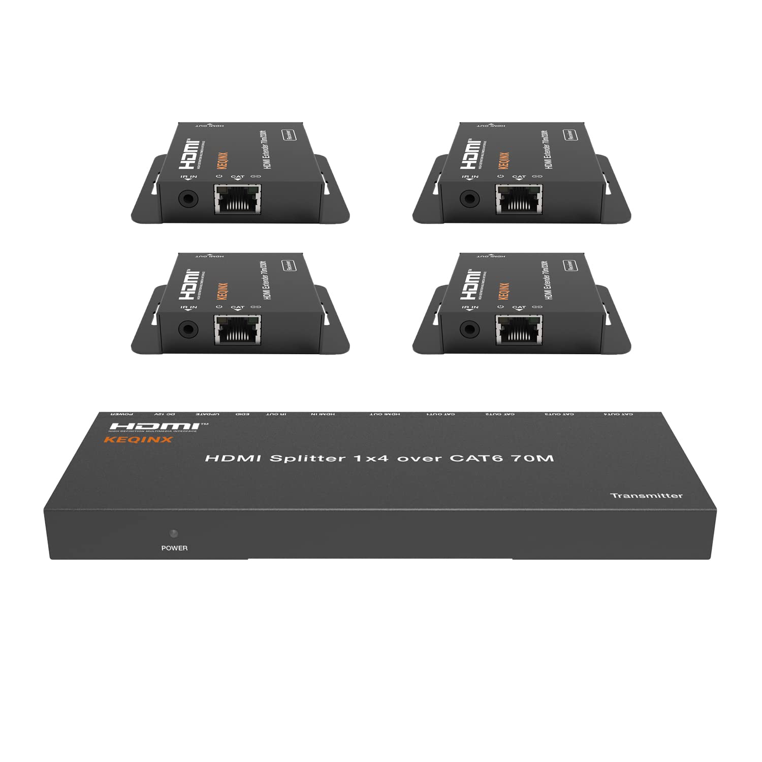 KEQINX 1x4 HDMI Extender Splitter 4K Over Cat6 70m/230ft POC with 4X Receivers IR Control EDID HDMI Over Ethernet Splitter