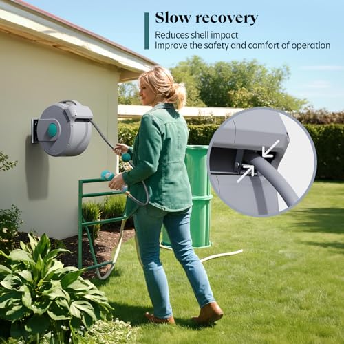 Gilbest Retractable Garden Hose Reel,1/2 in x 65 ft Wall Mounted Hose Reel, with 10- Function Sprayer Nozzle, Any Length Lock/Slow Return System/Wall Mounted/180°Swivel Bracket (Grey)