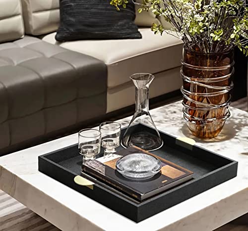 HofferRuffer Faux Leather Decorative Serving Tray, Elegant Coffee Table Tray, Ottoman Tray, Breakfast, Drinks, Liquor Serving Platter, Black Shagreen Finish with Gold Hardware Handle (Square)