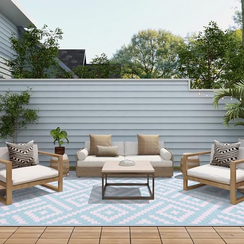 GENIMO Outdoor Rug 4x6 Waterproof, Reversible Mats, Outdoor Area Rug, Plastic Outside Carpet, Eeometric Rv Mat for Patio Camping Rv Picnic Backyard Deck Balcony Porch Beach (Navy Blue & White)