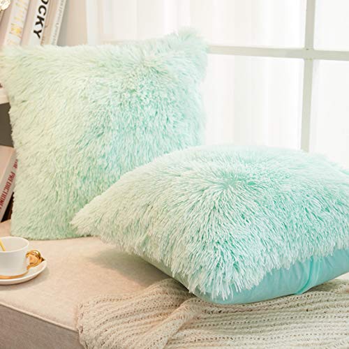 JAUXIO Long Faux Fur Soft Soild Decorative Pillowcase Fluffy Throw Pillow Cover Velvet Shaggy Plush Cushion Case Set of 2 Zipper Closure King Size (20X36 Inches Light Grey)