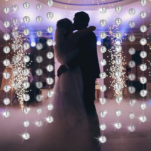 Sumind 8 Pack Disco Party Decorations Mini Disco Ball Garlands Silver Mirror Ball Hanging Banner Silver Streamer Curtains for Birthday Wedding Christmas Party Backdrop Supplies(1 Inch)