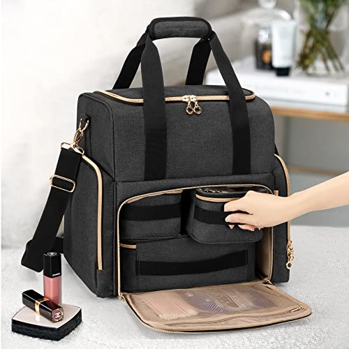 LUXJA Large Travel Makeup Bag with 3 Removable Cases, Cosmetic Bag with Detachable Dividers (Patent Pending), Black