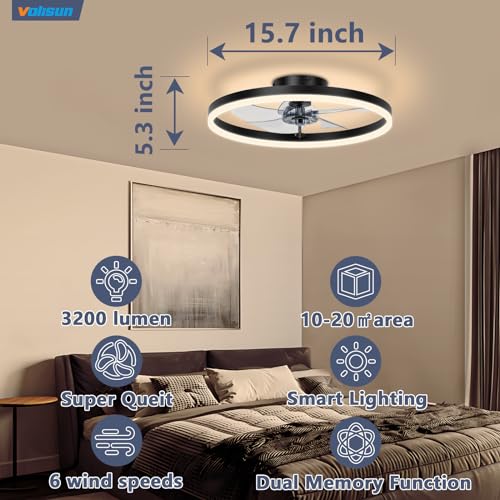 VOLISUN Low Profile Ceiling Fan with Lights and Remote, 15.7in Bladeless Ceiling Fans with light Flush Mount, 3000K-6500K Dimmable Modern LED Fan Light, Black Fandelier Ceiling Fans for Bedroom