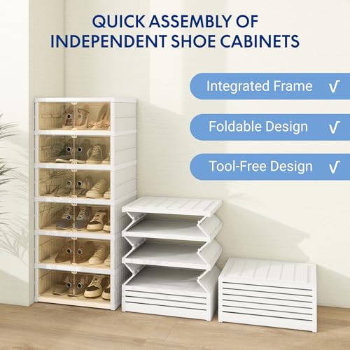 FLEXIMOUNTS Shoe Rack Organizer Storage Box 6 Tiers-12 Pairs, Portable Folding Shoe Rack for Closet Entryway, Collapsible Shoe Cabinet with Magnetic Clear Door for Front Door Entrance