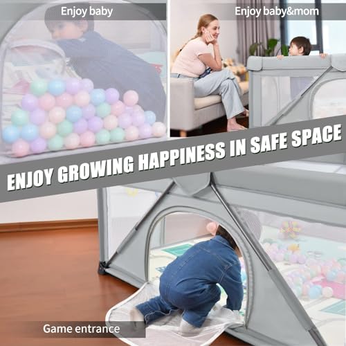 Baby Playpen Foldable, Heyo.Ja Large Play Yard, Playpen for Babies and Toddlers, Play Pens for Babies and Toddlers with Gate, Indoor & Outdoor Portable Play Pen (47x47in, Cold Grey)