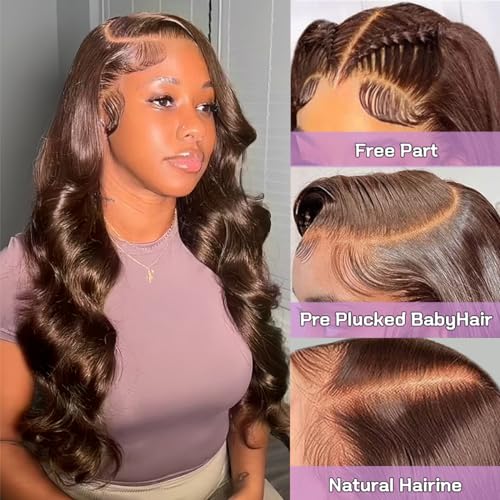 20 Inch 13x6 Chocolate Brown Lace Front Wig Body Wave Glueless Wig Human Hair 200% Density Hd Transparent Front Wigs Human Hair Pre Plucked with Baby Hair Brown Colored Wigs for Women Human Hair