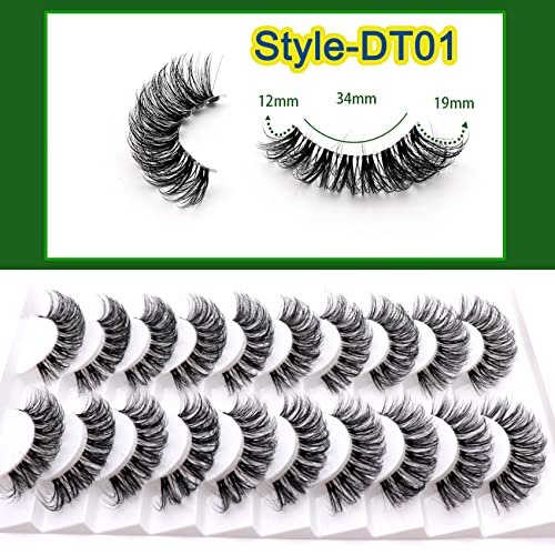 Veleasha Clear Band Lashes 10 Pairs Pack D Curl Russian Strip Lashes,Natural Look Transparent Soft Band Faux Mink Eyelashes for Eye Makeup (DT12-Pink New)