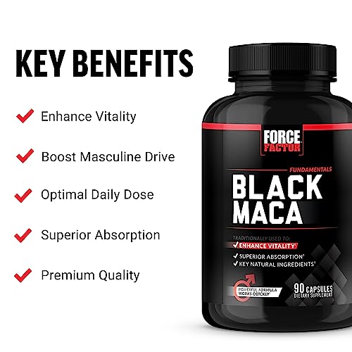 FORCE FACTOR Black Maca Root 1000mg, Vitality Supplement for Men with Black Pepper Extract for Absorption, Natural Maca Negra Extract, 90 Capsules