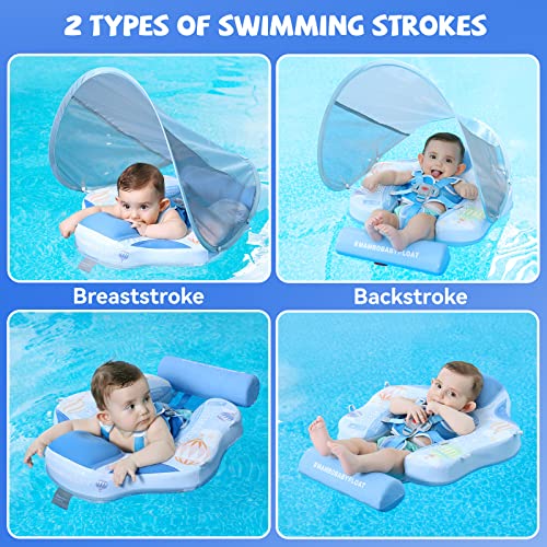 GENTEACO Newest Mambobaby Baby Swim Float with Canopy 3-24 Months Non-Inflatable Infant Floats for Pool Add Tail Avoid Flip Skin-Friendly Material for Toddler Boys Girls(Blue)