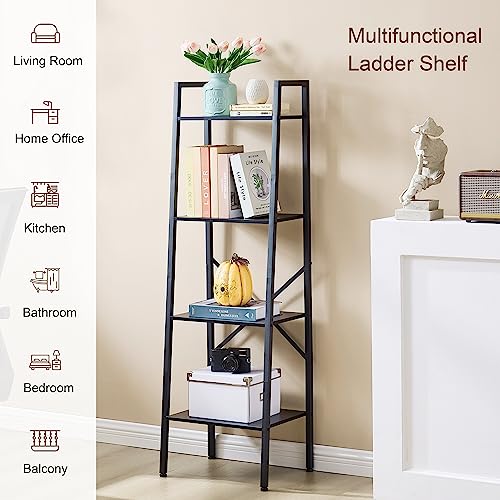 Hoctieon 4-Tier Industrial Ladder Bookshelf, Narrow Ladder Shelf, Tall Standing Bookshelf, Skinny Open Ladder Shelf, for Living Room, Home Office, Kitchen, Bedroom, Metal Frame, Black