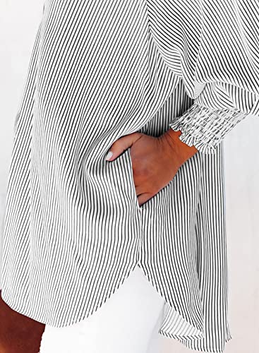 Women's Smocked Cuffed Striped Boyfriend Shirt Casual Collar Long Sleeve Button Down Blouse Tops with Pocket Shirred