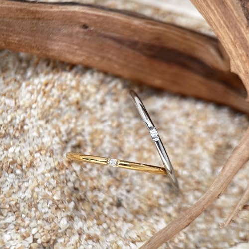 munone 1mm Skinny Thin Solitaire Flush Set Cubic Zirconia Stackable Band Ring for Women Men,14k Gold Plated Titanium Comfort Fit Band Rings