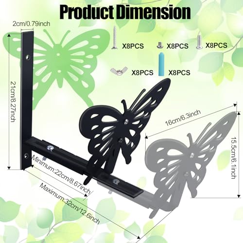 HLC Window Box Brackets 4 Pack, Flower Planter Box Brackets for Railing Planter with Butterfly, Brackets for Window Boxes with Adjustable Bottom (Front to Back) 6 to 12 Inches