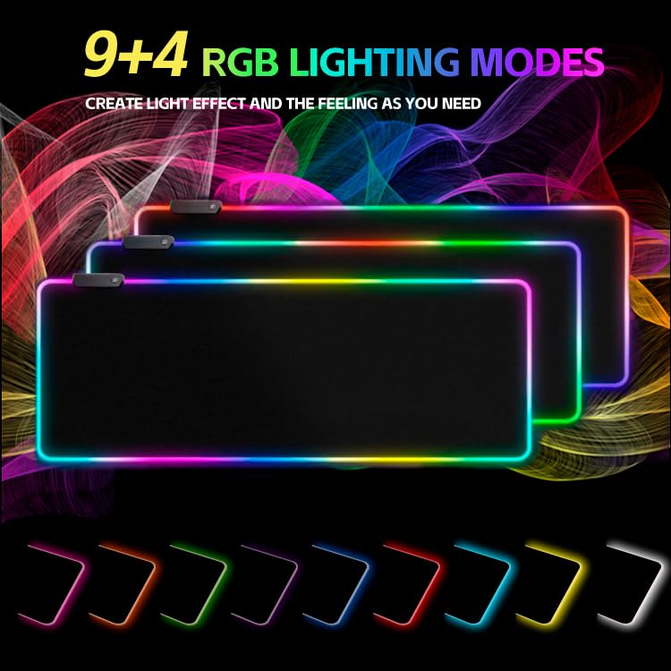ZHLHPER RGB Gaming Mouse Pad,Large Mouse Pad,13 Colors Led Light RGB PC Gaming Desk Mat, Non-Slip Rubber Based with Waterproof Coating Big Mouse Pad 31.5X11.8 in