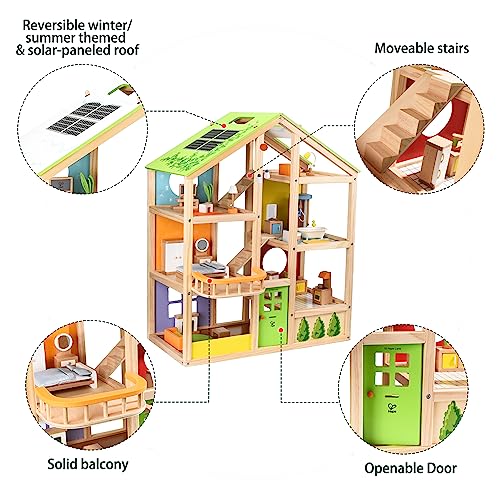 All Seasons Kids Wooden Dollhouse by Hape | Award Winning 3 Story Dolls House Toy with Furniture, Accessories, Movable Stairs and Reversible Season Theme L: 23.6, W: 11.8, H: 28.9 inch