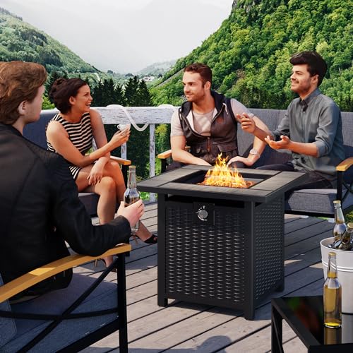Meilocar Fire Table 28in Propane Fire Pit with Rain Cover and Volcanic Stone, Outdoor Firepit Table 50000 BTU 3-in-1 Patio Firepit Table for Garden/Yard/Balcony, Gray Tabletop