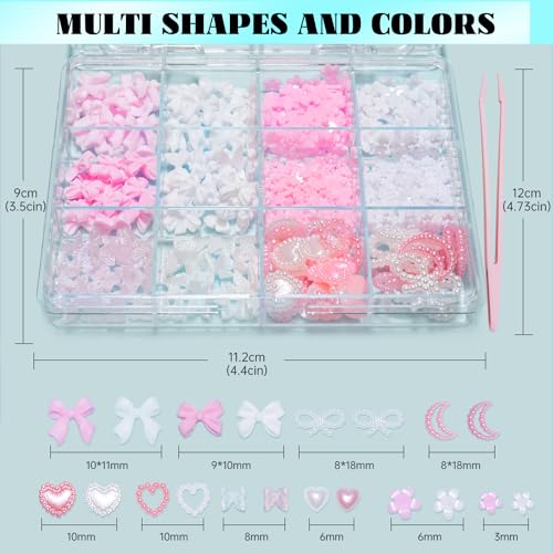 Pink White Bows Flowers Butterfly Pearls for Nails Heart Blossom Flowers Bowknots Acrylic Nail Charms for Manicure DIY Crafts Jewel Accessories