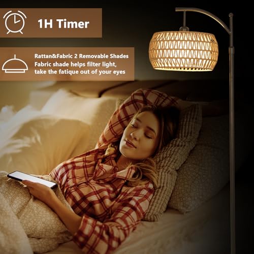 Arc Floor Lamp with Remote Control, Dimmable LED Floor Lamp with 3 Color Temperature, Black Standing Lamp with Rattan & Fabric Double Drum Shade, Boho Farmhouse Tall Pole Lamp for Living Room Bedroom
