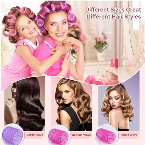 48 Pcs Self Grip Hair Rollers Set with 26 Rollers Hair Curlers & 20 Metal Clips, 3 Sizes Rollers for Blowout Look Long Medium Short Hair Volume, Jumbo Large Medium Hair Rollers DIY Hairstyles