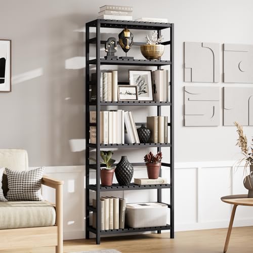 Bamjoy Bamboo Shelf, 6-Tier Bookshelf Adjustable Storage Shelves, Tall Shelving Unit Plant Stand, Storage Rack for Bathroom Home Office Living Room Kitchen, 23.6W x 10.2D x 63.4H Black