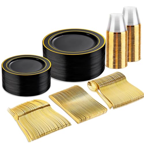 bUCLA 150 Pieces Black and Gold Disposable Dinnerware Set - 25 Guests Black Gold Plastic Plates Include 25 Dinner & 25 Dessert Plates, 25 Spoons, 25 Forks, 25 Knives, 25 Cups for Party