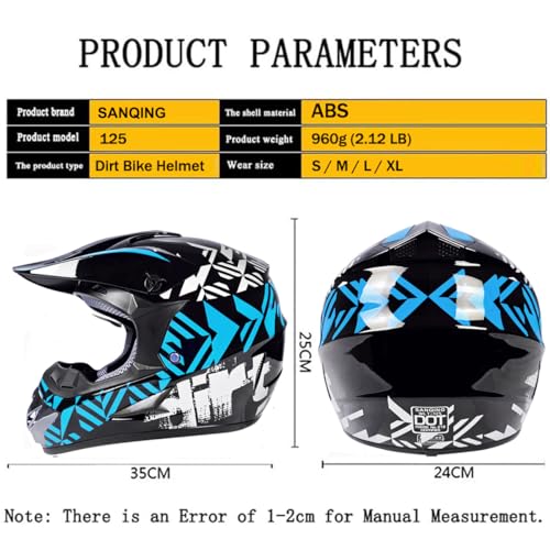 Youth Dirt Bike Helmets Fashion Motocross Helmet Kids ATV Off-Road Helmets Moutain Bike Motorcycle Helmets DOT Approved (Goggles Gloves Faceshield) (Blue, Small)