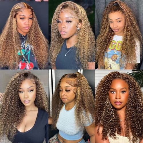 ZANPAL 4/27 Highlight Lace Front Wig Human Hair 18 Inch Honey Blonde Curly Human Hair Wig 180 Density 13x4 Hd Transparent Frontal Wig Ombre Deep Curly Wig For Black Women Pre Plucked With Baby Hair