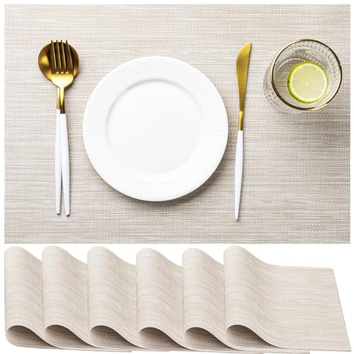 LEXMORE PVC Woven Placemats 4 PCS Wipeable Indoor/Outdoor Table Mats Washable Vinyl Place Mats for Dining Table, Set of 4-Beige