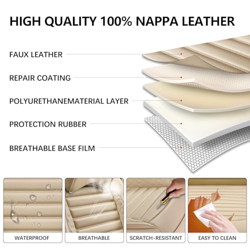 WENNFOUR Car Seat Covers Front Seats, Universal Nappa Leather Seat Covers with Headrest Pillow for Most Vehicles SUV Pick-up Truck, Full Coverage Automotive Seats Protector Fit for 2 Seats, Beige