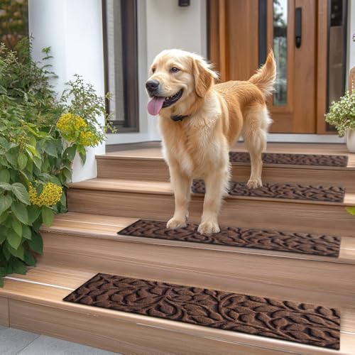 Aucuda 2pcs 8.5" x 30" Stair Treads Outdoor for Elders and Dogs on Wooden Steps, Non Slip Stair Runner Rug Heat Insulation Rubber Backing, Gray Floral Staircase Mat Carpet for Indoor Grip Farmhouse.