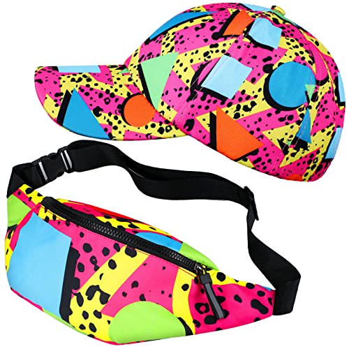 Sotiff 2 Pcs Retro 80s 90s Outfits for Women Men 80s Fanny Pack and Hat 90s Costumes Adjustable Waist Bag Bucket Hats for Themed Party(Bright Style)