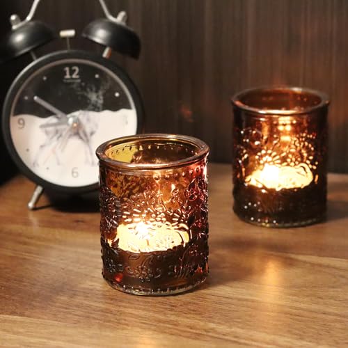Blue Votive Candle Holders 24 pcs Glass Votive for Table Centerpiece Embossed Bouquet Tea Light Candle Holders for Wedding, Birthday Party Christmas Decoration Indoor