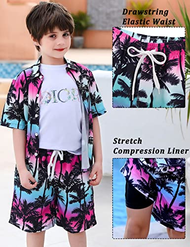 UNICOMIDEA Boys Hawaiian Outfits Kids Beach Outfit for 5-6 Years 2 Pieces Sets Summer Button Down Shirts and Swim Trunks Flamingo Pattern Vacation Party