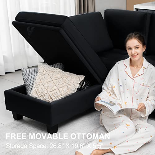 Belffin Velvet Convertible 4-Seat Sectional Sleeper Sofa with Reversible Chaise Sleeper Sectional Couch Bed with Storage Ottoman Sectional Sofa Couch Set Black