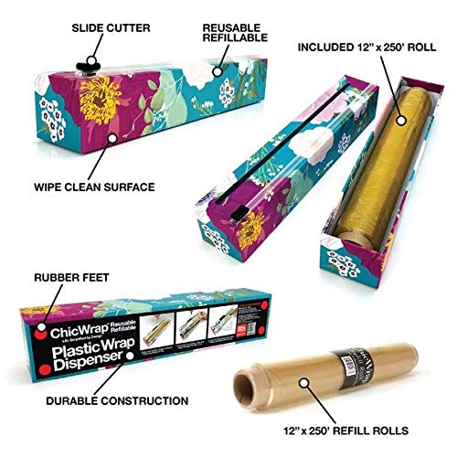 Chicwrap Spring Flowers Refillable Plastic Wrap Dispenser - One 12" x 250' Roll of Professional Grade Plastic Wrap - BPA Free and Kosher Certified - Reusable Dispenser w/Slide Cutter