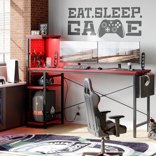 Bestier 61 Inch Gaming Desk with LED Lights, Reversible Shelves, Height Adjustable Shelf, Steel Frame, CARB P2 Class Board, Black Grained