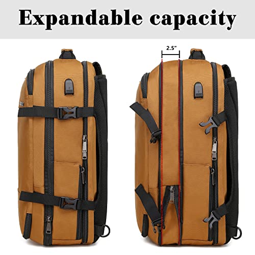 TUGUAN Travel Laptop Backpack 40L Large Computer Backpack 17 Inch with USB Charging Port for Men Expandable Backpacks Women, Brown - Suitable for Travel