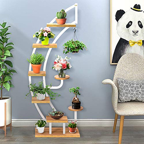 VIVOHOME 6 Tier 9 Potted Steel-Wood Plant Stand with Hanger, Curved Flower Pot Holder Shelf for Indoor, Black
