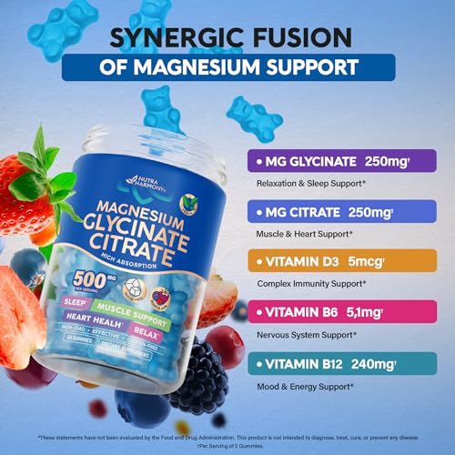 Magnesium Gummies Glycinate & Citrate 500 mg - for Adults & Kids - Vitamin B6 | Vitamin B12 | Vitamin D3 - Sleep, Muscle & Heart Health Support - GMO & Sugar Free - Berry Flavor - Vegan, 60 Gummies